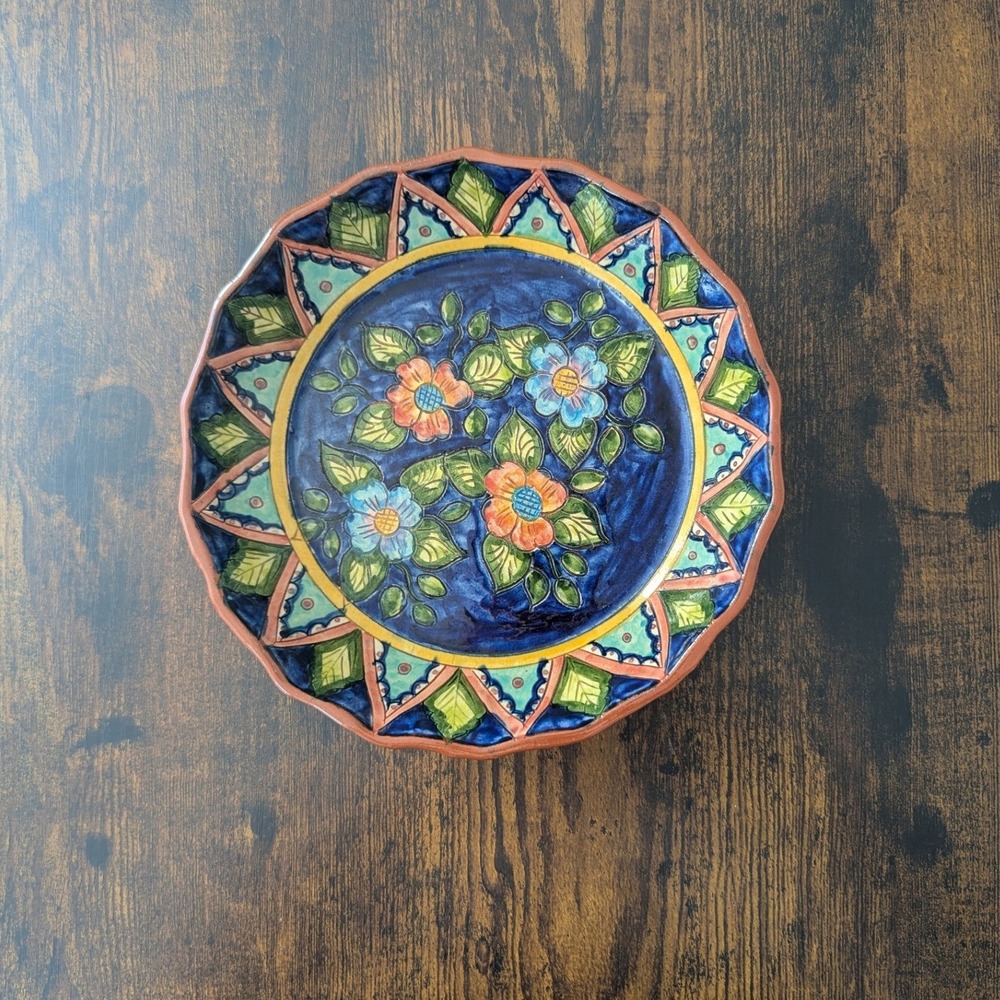 Vtg Flosa Redondo Portugal Ceramic Bowl Blue Floral Hand Painted Scalloped 8in